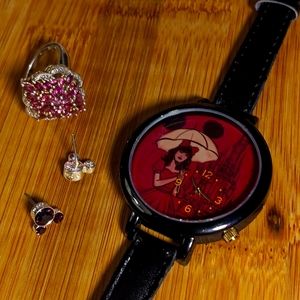 ALICE IN WONDERLAND DISNEY WATCH .925 EARRINGS & GEMSTONE RUBY RING